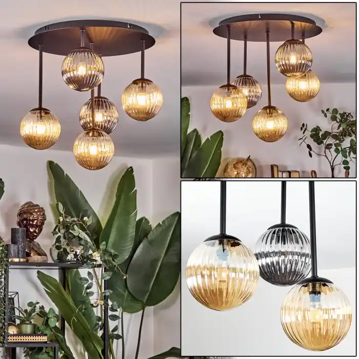 Laatste Versie Chehalis Plafondlamp, Kogellampje Amber, Chroom, Rookkleurig, 5-lichts