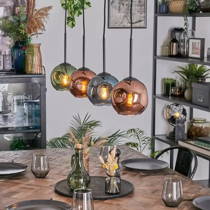 Gecertificeerd Ripoll Hanglamp, Kogellampje, Hanglamp Blauw, Groen, Koperkleurig, 4-lichts