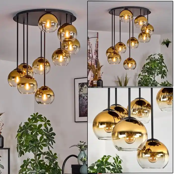 Veilige Betaling Koyoto Plafondlamp, Kogellampje Goud, Duidelijk, 9-lichts