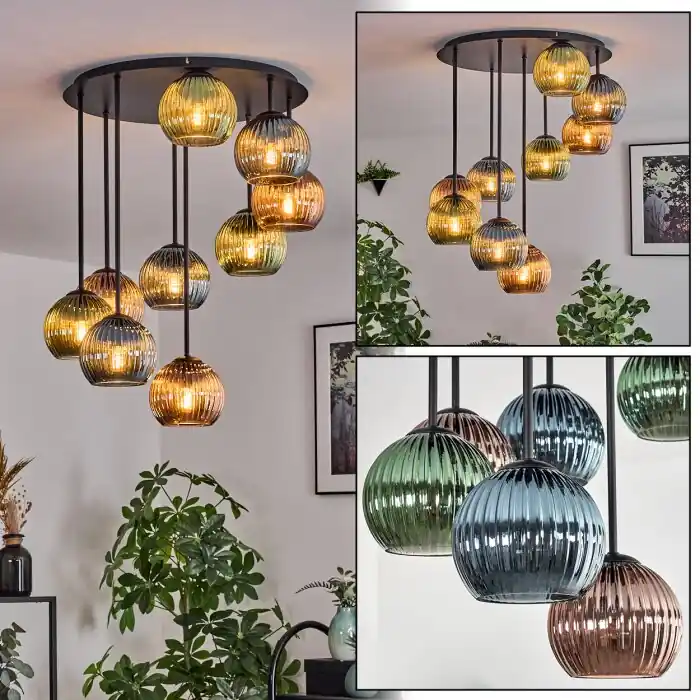 Veilige Betaling Koyoto Plafondlamp, Kogellampje 57 cm Blauw, Groen, Koperkleurig, 9-lichts