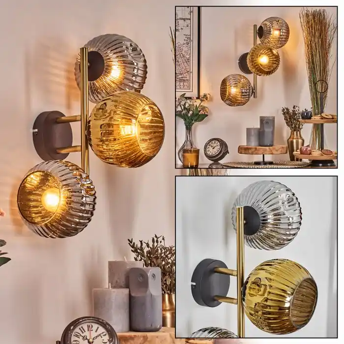 Ripoll Kogellampje, Wandlamp Goud, Zwart, 3-lichts Premium