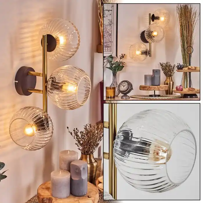 Dagaanbieding Ripoll Kogellampje, Wandlamp Goud, Zwart, 3-lichts