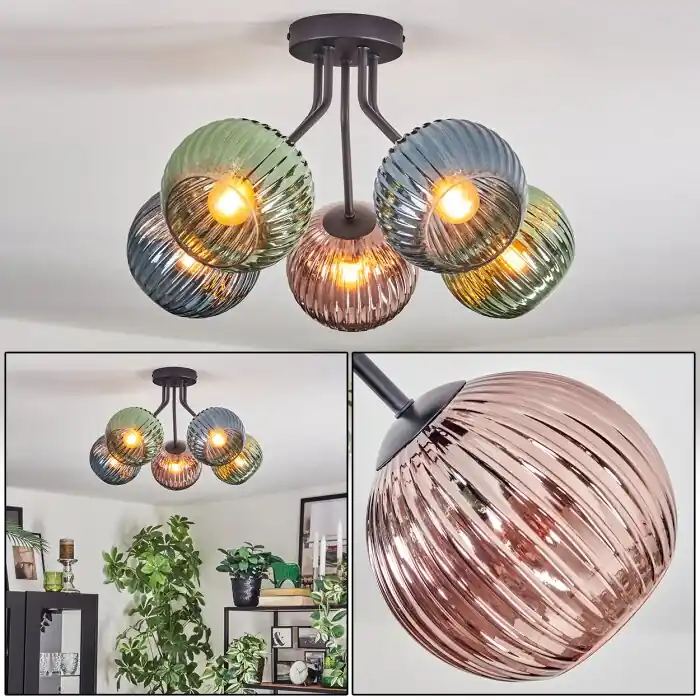 Dagaanbieding Koyoto Plafondlamp, Kogellampje 52 cm Blauw, Groen, Koperkleurig, 5-lichts