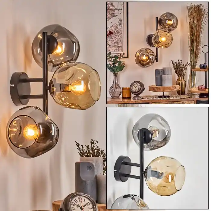 Ripoll Kogellampje, Wandlamp Amber, Rookkleurig, 3-lichts Snelle Levering
