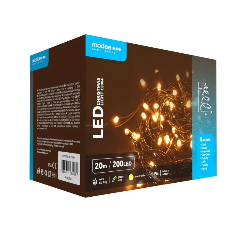 Modee Kerstverlichting LED lichtsnoer 20m 200 Lichtpunten met 8 Lichtstanden IP44 Warm Wit Licht Betaalbaar
